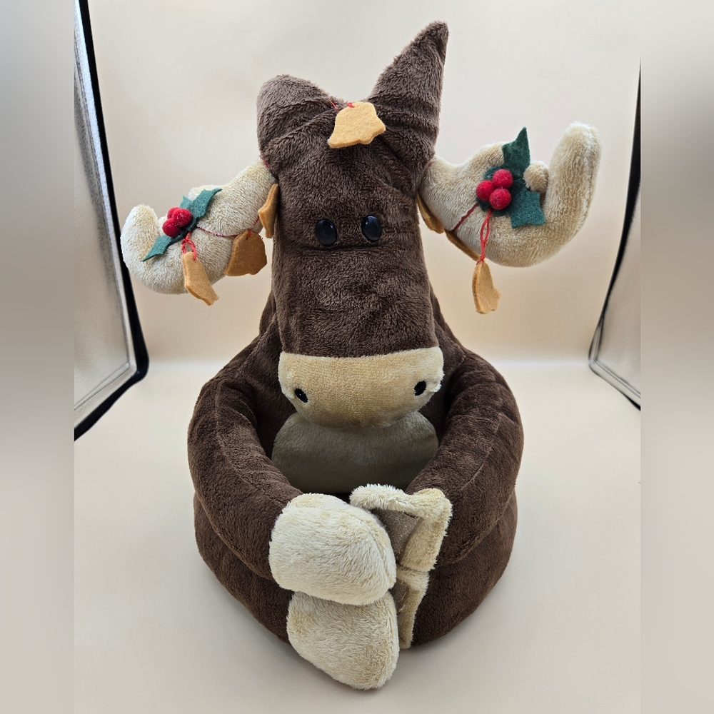 Festive Brown Plush Moose with Cream Blanket Holiday Accents
